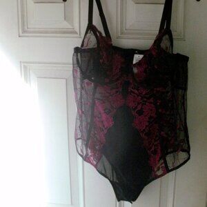 NWT TORRID Sheer Black Mesh Underwire Bodysuit Pink Floral Embroidery 1X ~14-16